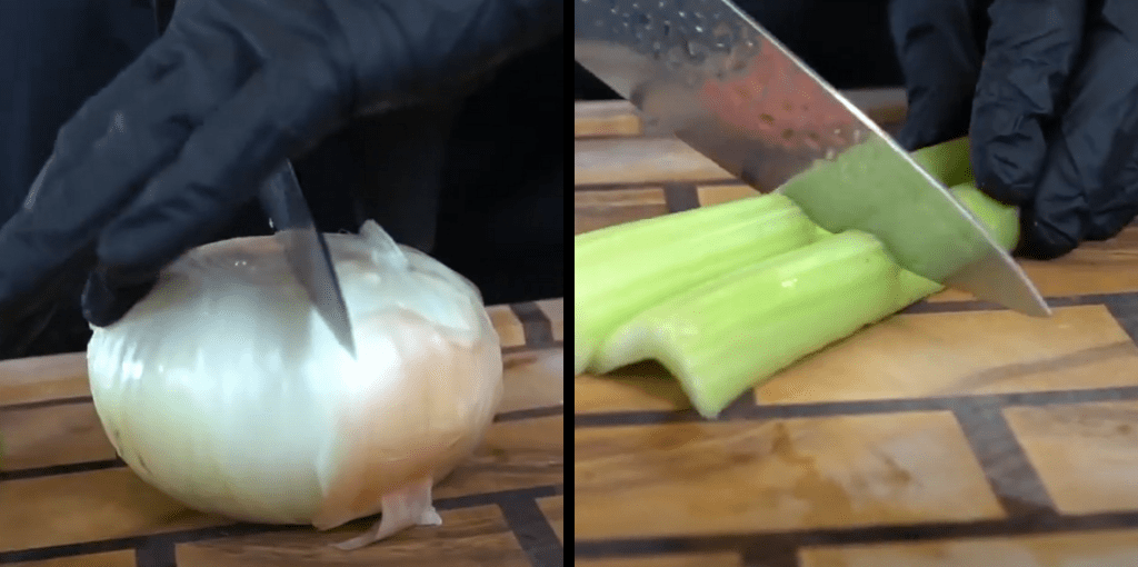 Chopping onion and celery